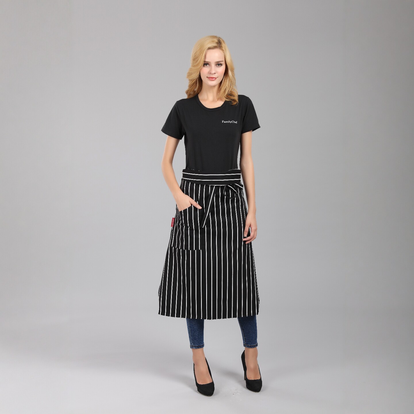 厨师后厨围裙厨房餐厅男半身条纹梯形粉笔条围腰酒店咖啡店工作服