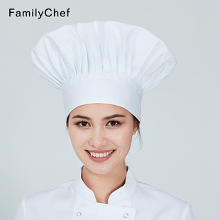 厨师帽子蘑菇帽工作帽厨师长帽后厨褶皱棉圆顶帽白色厨房高帽黑色