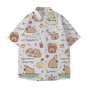 外套男女休闲全彩衬衫 衬衫 夏 短袖 卡皮巴拉卡通可爱日系水豚君Q版