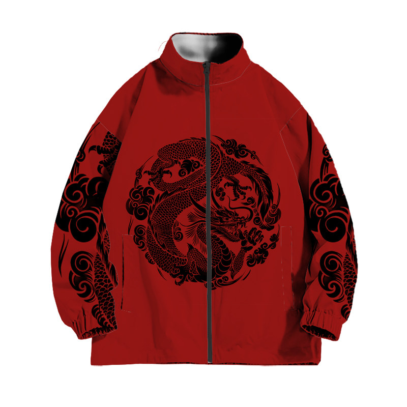 龙年国潮中国风潮牌夹克外套男女秋冬2014新款本命年红色加绒外套