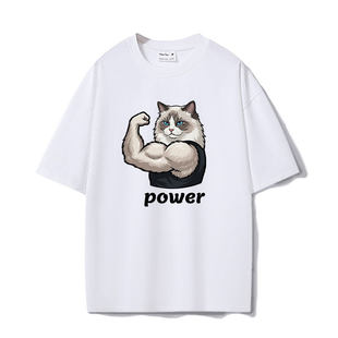 休闲夏季 T恤男女同款 power猫咪健身运动超宽松oversize重磅短袖