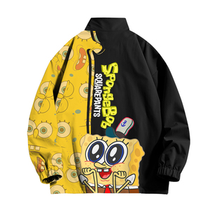 海绵宝宝潮牌夹克外套男女情侣秋冬休闲宽松百搭加绒保暖拉链外套