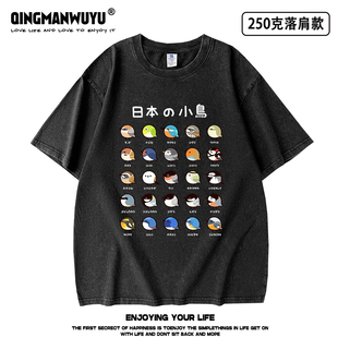 2025新款日本小鸟图鉴重磅水洗做旧短袖T恤男女学生同款夏季tee
