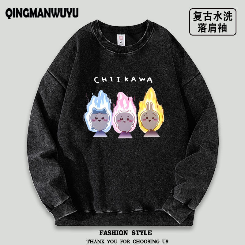 chiikawa吉伊咔哇乌萨奇小八三小只气场二次元水洗落肩薄款卫衣