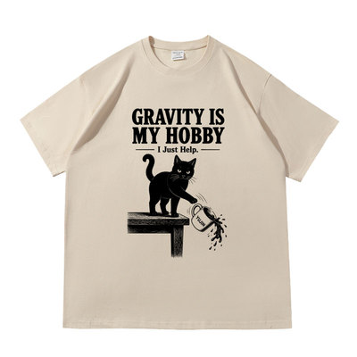 GRAVITY IS MY HOBBY猫咪印花落肩款260克重磅短袖T恤夏