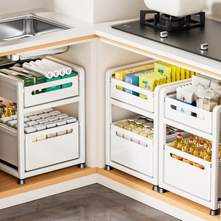 厨房置物架橱柜多功能内分层架下水槽双层抽拉式收纳架可移动拉篮