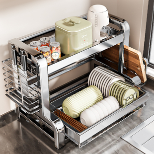 碗碟收纳架厨房置物架碗架不锈钢多功能台面放碗碟盘筷柜沥水架子