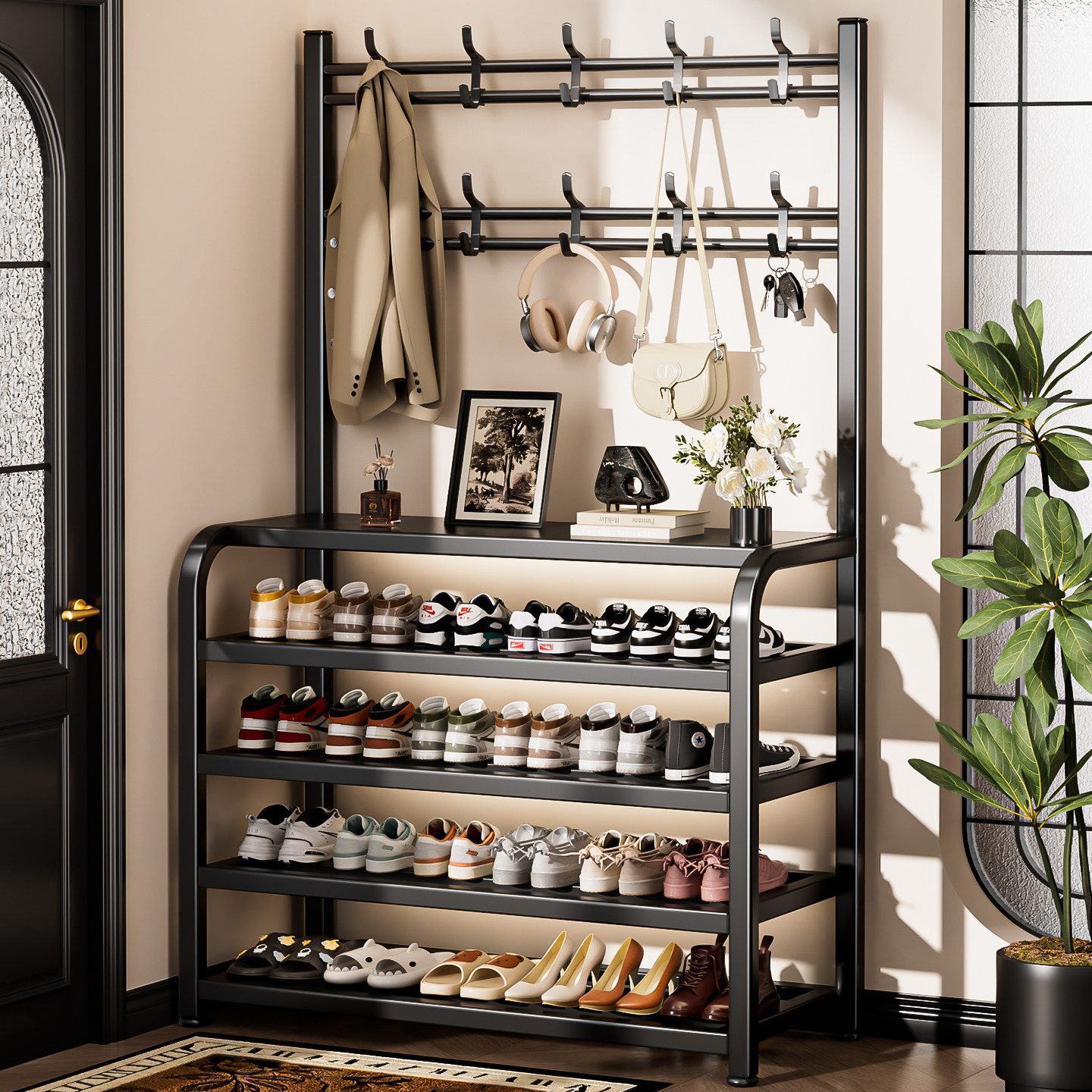 鞋架多层家用门口简易鞋架子入户门后挂衣架一体铁艺鞋柜出租房用,住宅家具,鞋架,淘宝优惠券,粉丝福利购,淘宝优惠卷