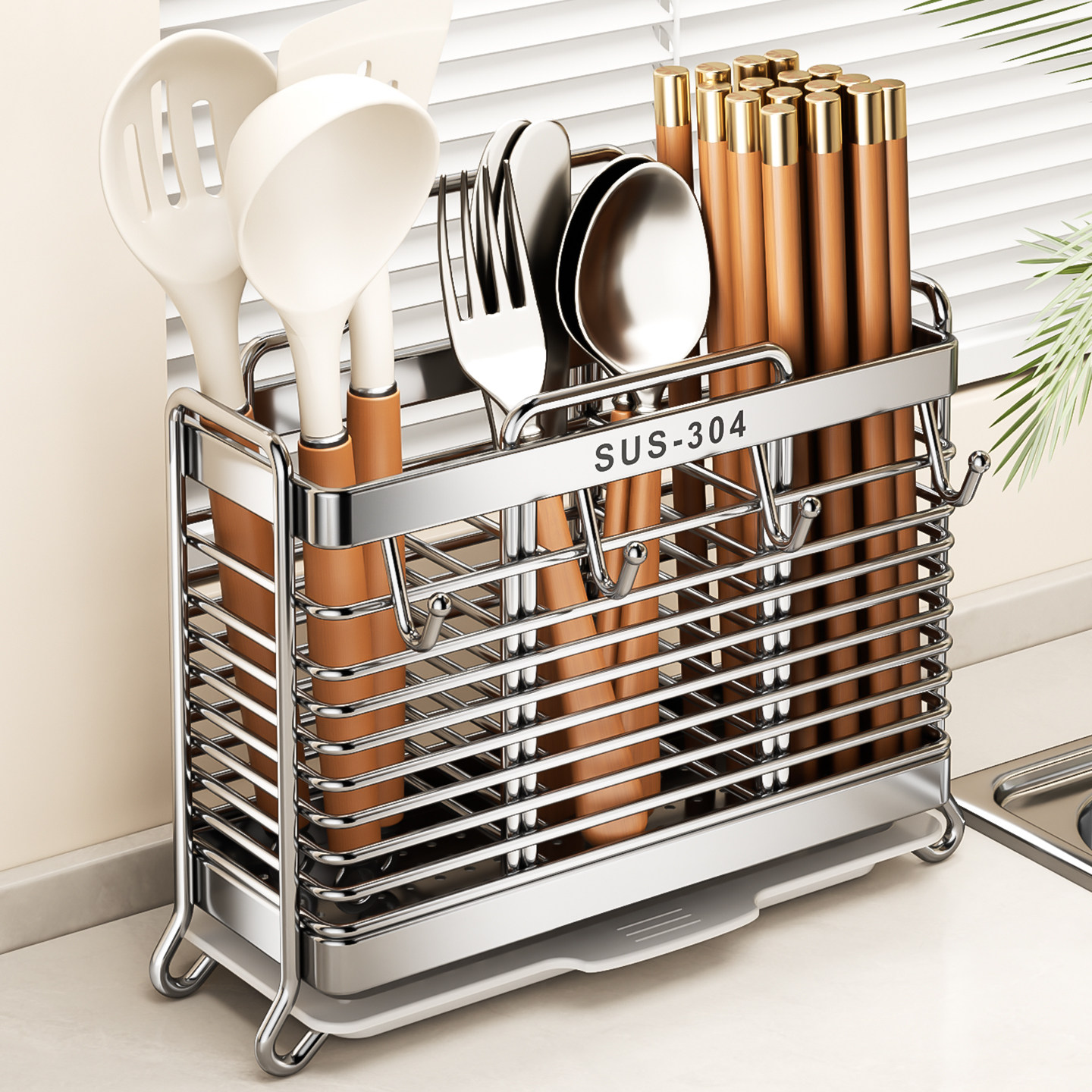 304不锈钢筷子筒家用台面式免打孔筷子收纳盒厨房刀架勺子置物架