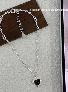 S925纯银简约黑色桃心手链ins高级感小众设计气质百搭时尚风格