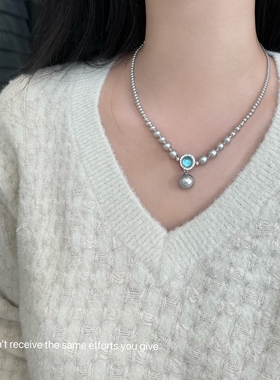 s925纯银蓝色宝石水滴珍珠吊坠项链法式轻奢小众设计感气质百搭