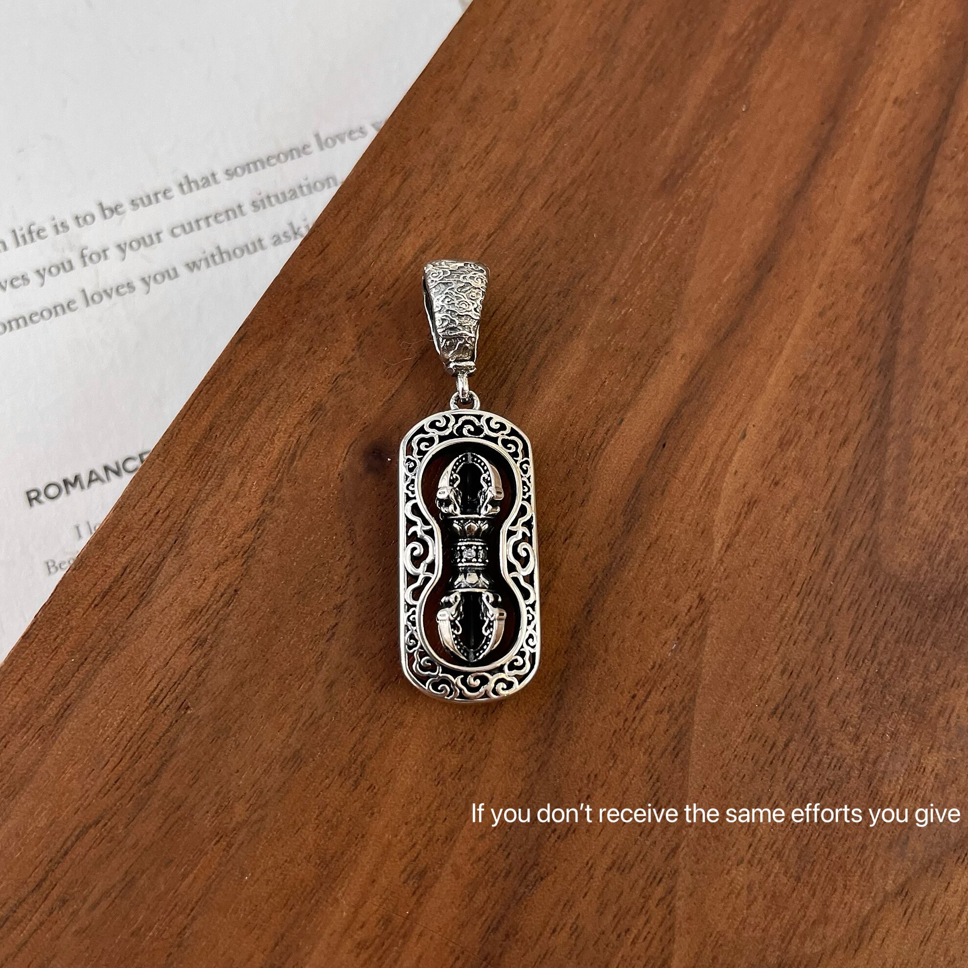 S925纯银可转动金刚杵吊坠哑光银复古回纹吊牌挂坠DIY银饰品