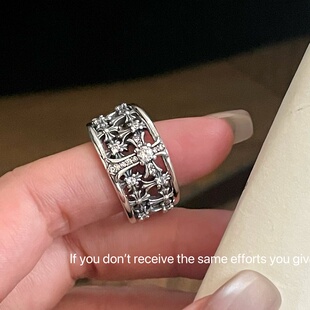 S925纯银镂空十字架镶钻克罗开口戒指女小众宽版 食指戒复古高级