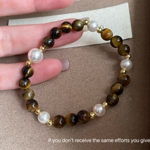 S925银复古虎眼石珍珠串珠叠戴手链女轻奢小众设计手绳高级感