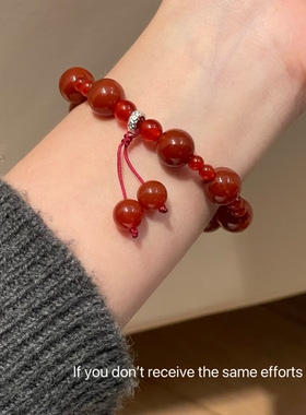 s925纯银大小红玛瑙盘缠弹力绳手串手链女新年氛围感红色高级感