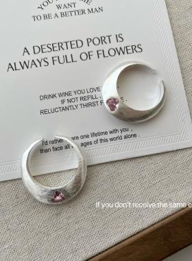 S925银韩系简约飞碟爱心卜形拉丝戒指小众冷淡风甜美开口指环法式