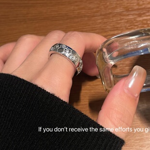 S925纯银蜂巢实心戒指指环韩版 轻奢小众设计高级感百搭 时尚