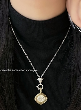S925纯银精工镀金亚历山大古币月亮女神双面吊坠雅典娜猫头鹰项链