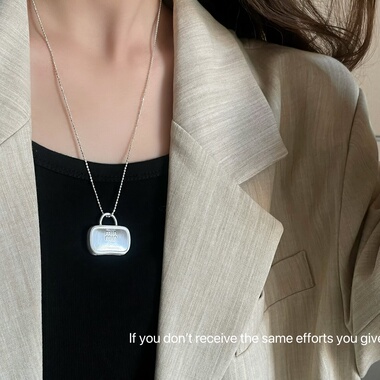 S925纯银韩版银色字母包包吊坠长款项链女小众设计感毛衣链高级感