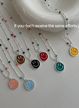 S925纯银不规则彩色笑脸项链女可爱甜美小众多巴胺锁骨链微笑夏日