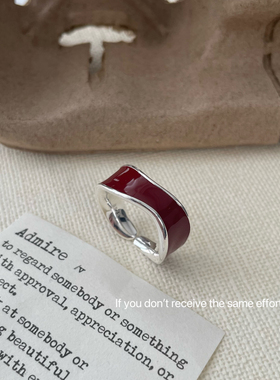 S925纯银法式复古安可拉红色珐琅滴油开口戒指女小众轻奢优雅个性