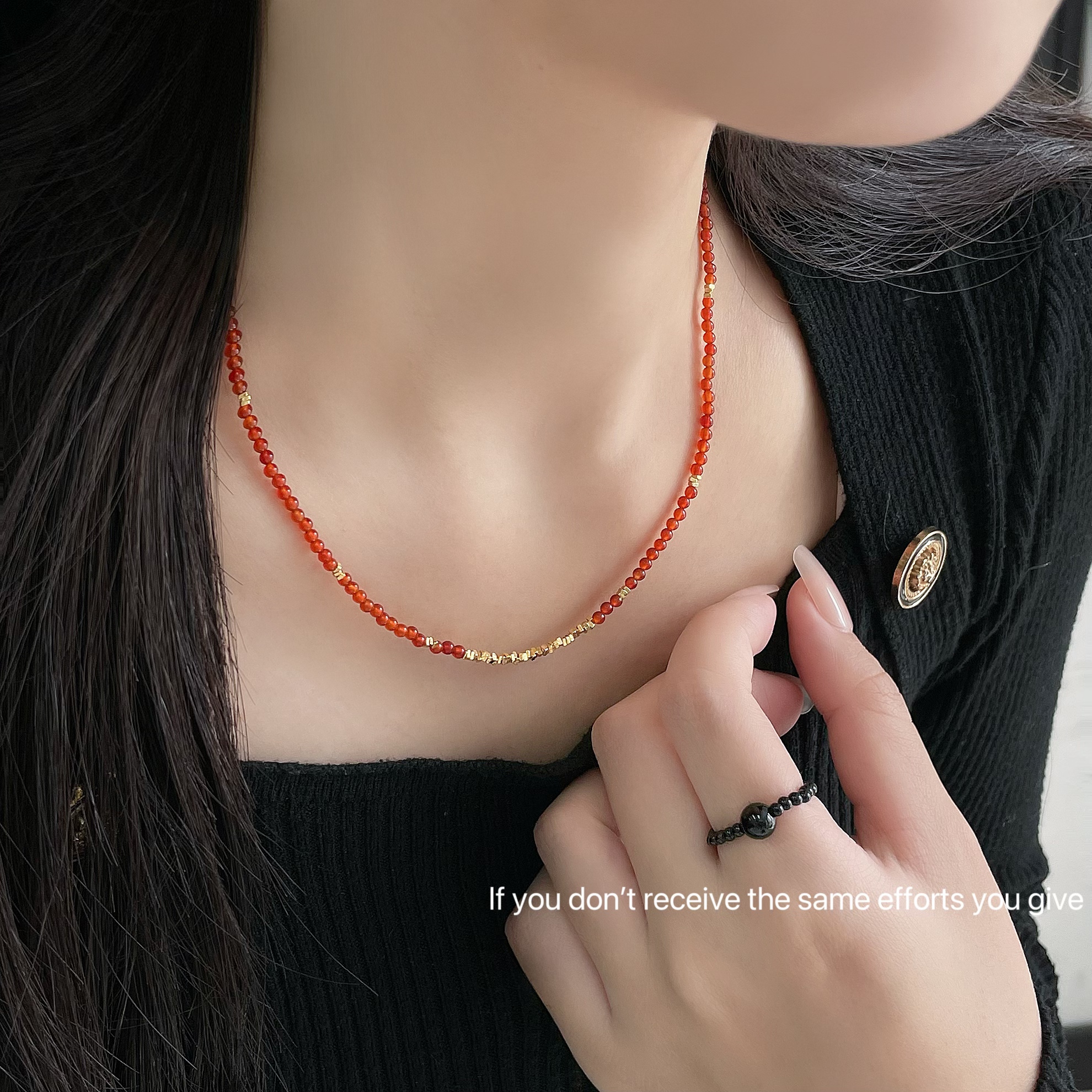 红色串珠金色碎银项链女轻奢小众