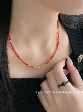 S925纯银国风复古红色串珠金色碎银项链女轻奢小众设计高级感叠戴