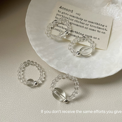 S925纯银白水晶银珠戒指 叠戴ins女韩国东大门小众设计春夏新款