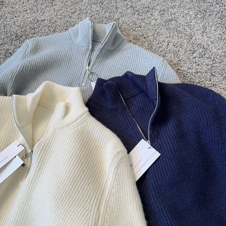 软糯厚实复古老钱风半拉链立领针织衫美式纯色条纹肌理男休闲毛衣