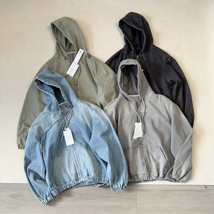 重磅oz高盎司短宽廓形蝙蝠牛仔水洗磨白做旧阿美咔叽连帽男士夹克