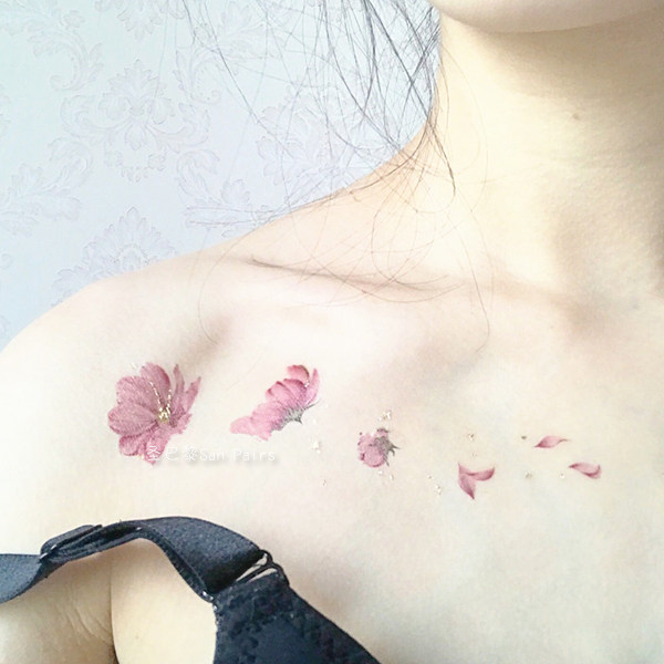 少女性感锁骨樱花花瓣纹身贴纸防水女持久仿真韩国小清新花朵花环