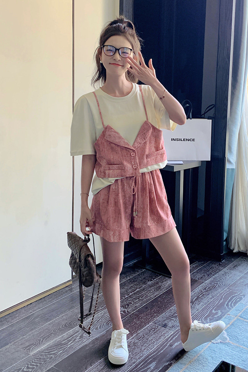 时尚休闲套装女2024新款夏装搭配一整套拼接短袖上衣短裤两件套潮,女装套装/套裙,2D043
