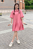 韩版甜美俏皮Polo领连衣裙女2025夏季新款法式宽松显瘦百褶短裙子，女装连衣裙，2D043