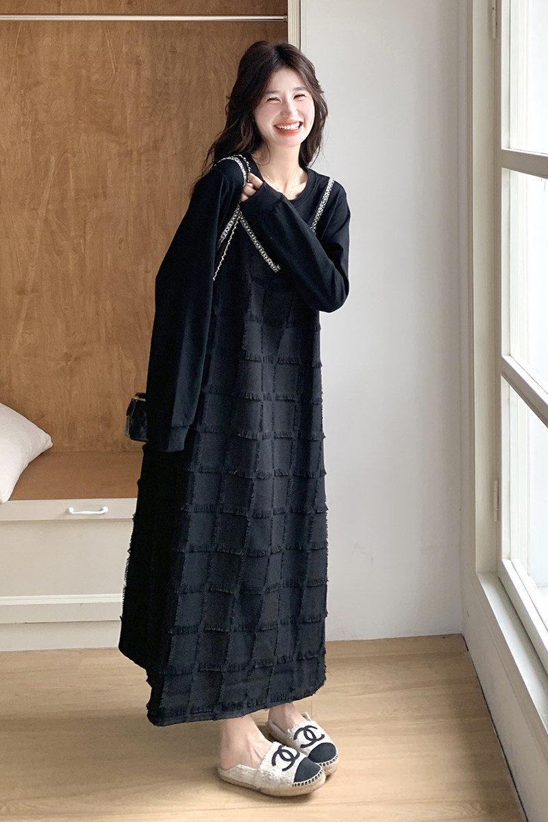 黑色假两件拼接连衣裙女2025春季新款独特设计感宽松显瘦过膝长裙,女装连衣裙,2D043