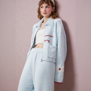 syo同款【花花梦园】睡衣女冬季新款半边绒刺绣ins家居服套装D