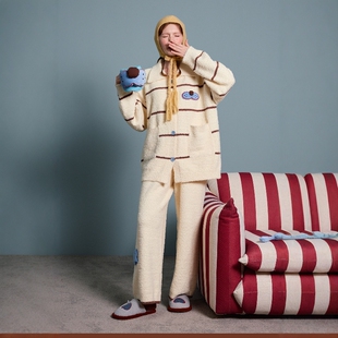 syo同款【酷猫】睡衣女冬季加厚慵懒风学院风半边绒家居服套装D