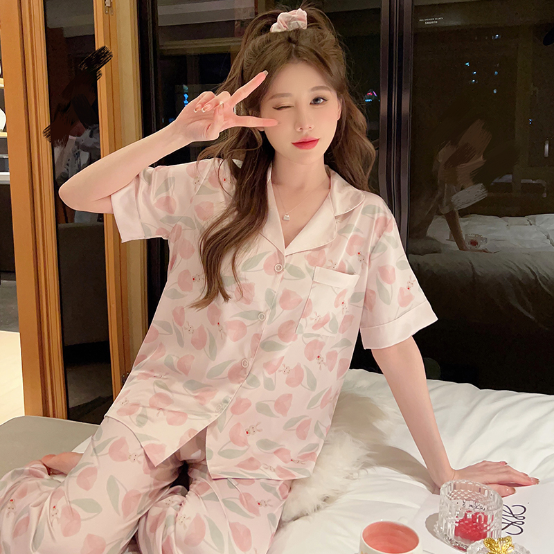 女2023新款开衫睡衣短袖长裤夏季