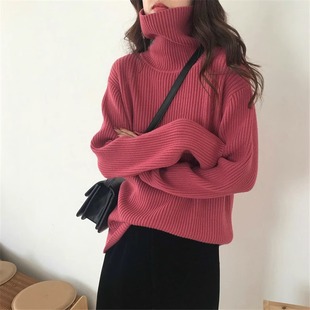 洋气上衣 高领红色显白毛衣女秋冬复古慵懒宽松套头坑条打底针织衫