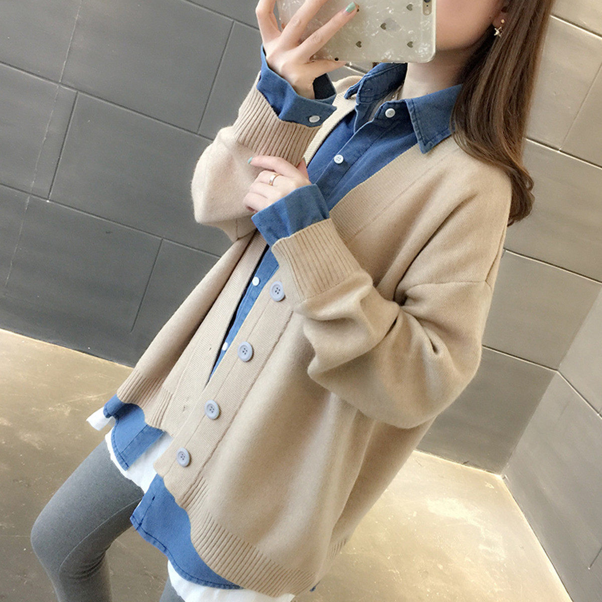 新款牛仔拼接针织慵懒风假两件