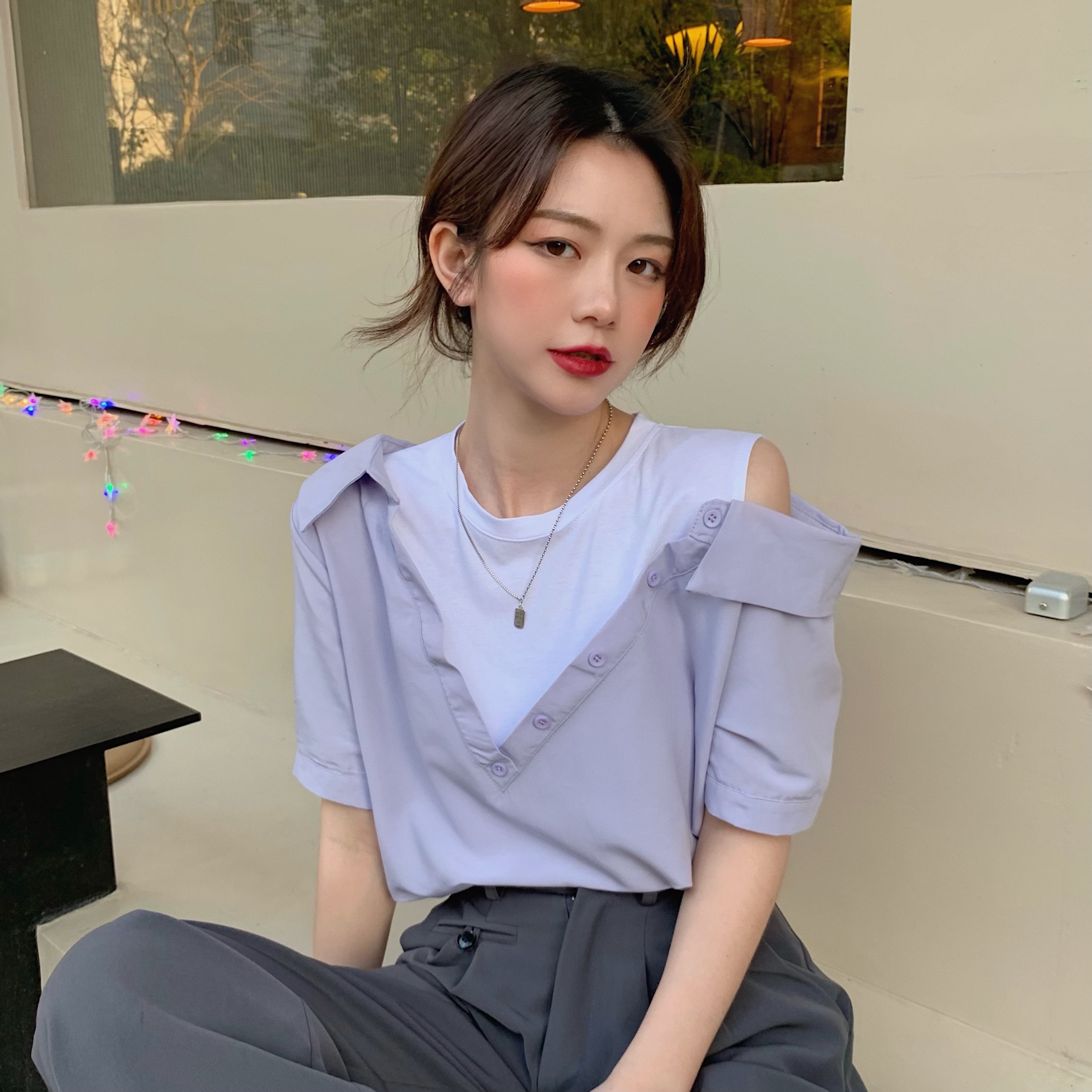 Real price Korean loose knit off shoulder short sleeve shirt