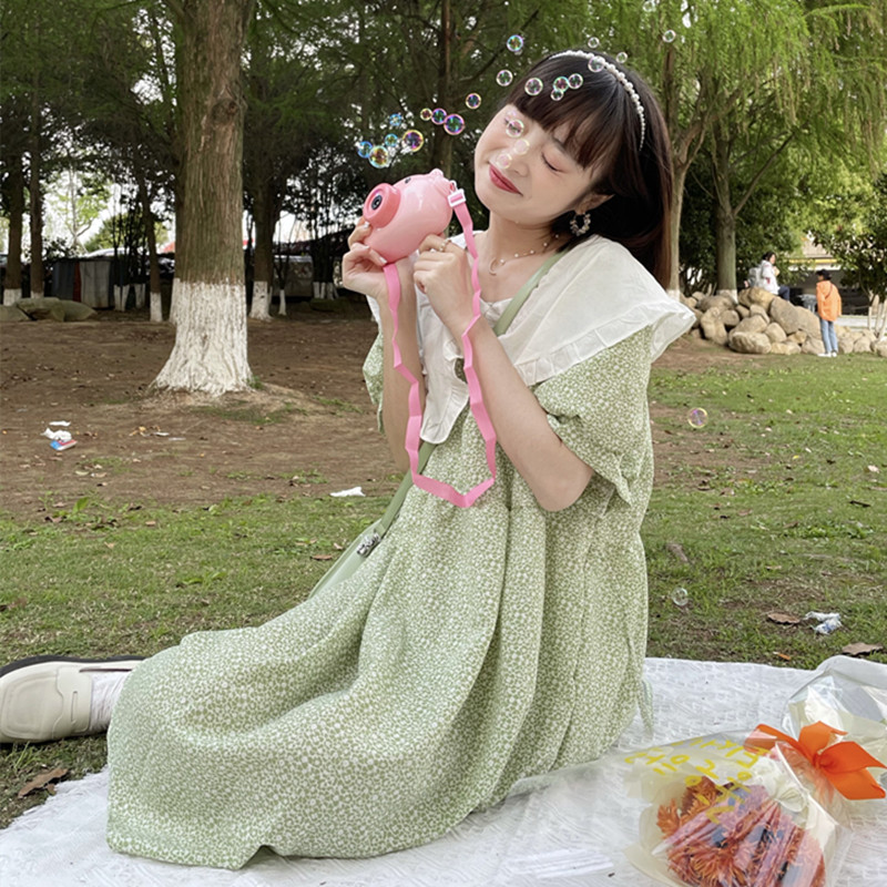 Real price solid color splicing Chiffon floral doll collar dress