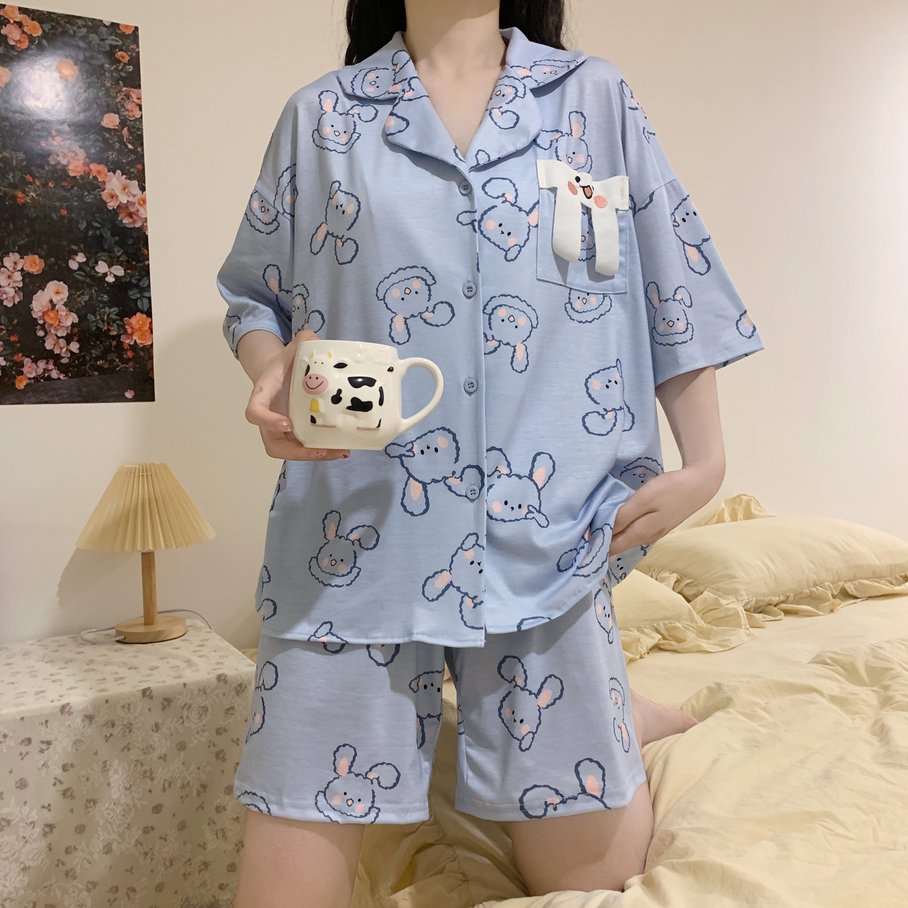 Real price cute print design loose short sleeve simple home wear two piece pajamas