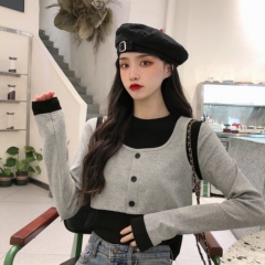 Real shot real price Korean slim contrast long sleeve T-shirt + short vest two piece set