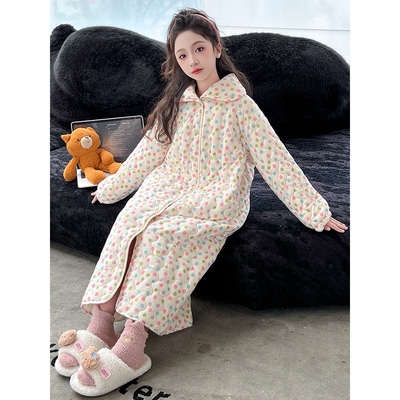 女童冬季睡衣长袍2025新款大童女装三层加厚夹棉儿童可外穿家居服