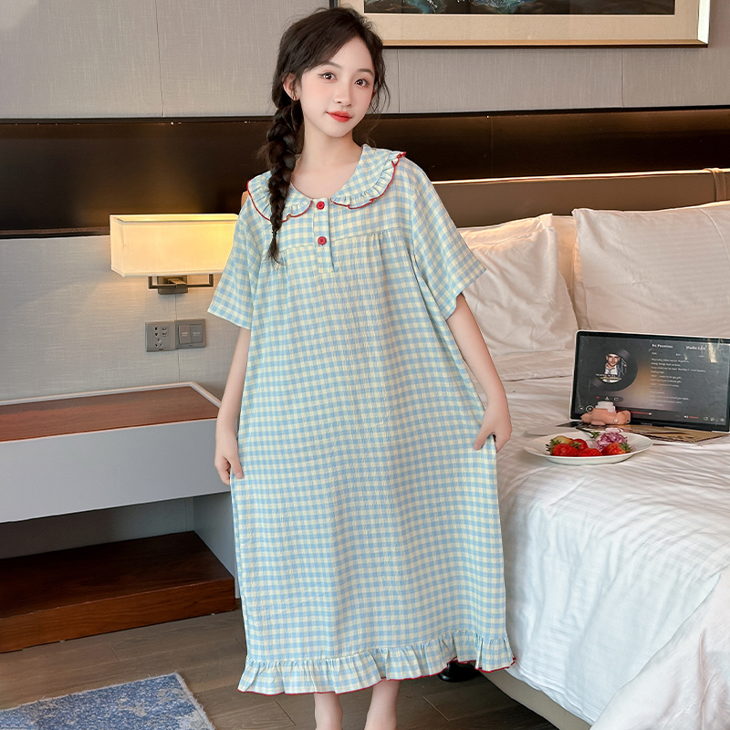 女童睡裙2025新款夏季儿童短袖薄款家居服女孩长款格子睡衣亲子装