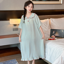 女童睡裙2025新款夏季儿童短袖薄款家居服女孩长款格子睡衣亲子装