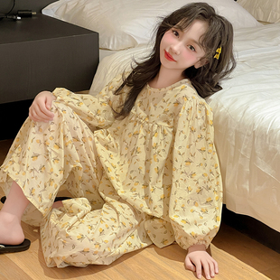 家居服网红女孩大童套装 女童睡衣春秋款 纯棉长袖 儿童春季 2025新款