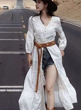 白色连衣裙女云南沙漠草原旅游穿搭沙滩裙度假开衫长裙叠穿衬衫裙