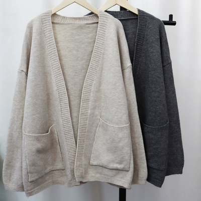 慵懒风V领中长款针织衫