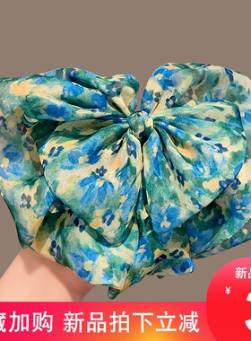 超仙甜美绿色碎花飘逸蝴蝶结顶夹发夹韩国原版高级感头花发卡发饰